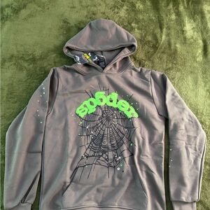 Sp5der Graphic Hoodie - Green Logo on Gray